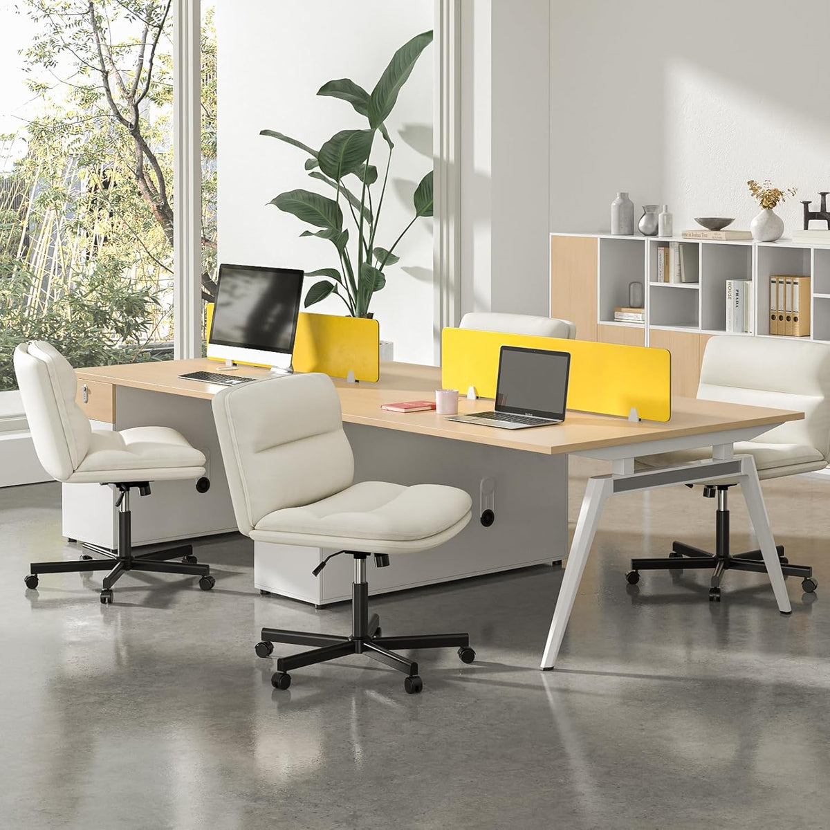 5Rcom Armloze bureaustoelen voor thuis PU lederen comfortabele bureaustoel, grote diameter basisstoel met wielen, in hoogte verstelbare draaibare kaptafel computerstoel voor slaapkamer en woonkamer