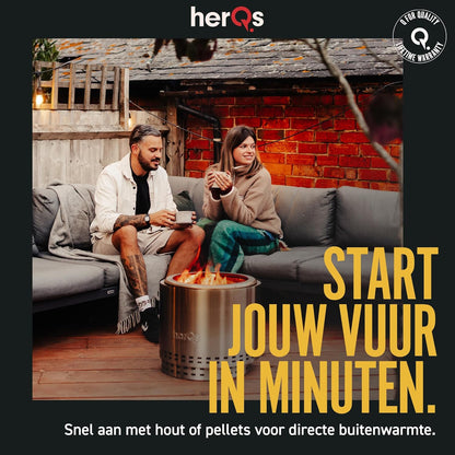 herQs Blaze - Rookvrije vuurkorf van roestvrij staal Ø49,5 cm voor 6-8 personen – Smokeless firepit met secundaire verbranding – Inclusief draagtas en asopvangbak - voor de gemiddelde en grote tuin