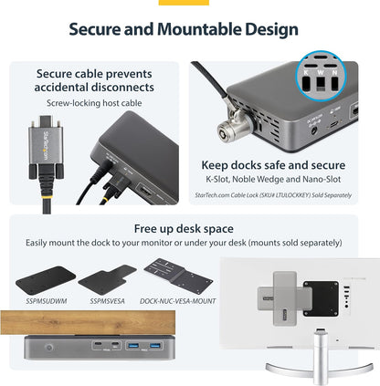 StarTech Dual-Monitor USB-C Docking Station, HDMI, 4K 60Hz, 100W Laptop Charging, 1GbE, Driverless, Multi-Monitor Dock