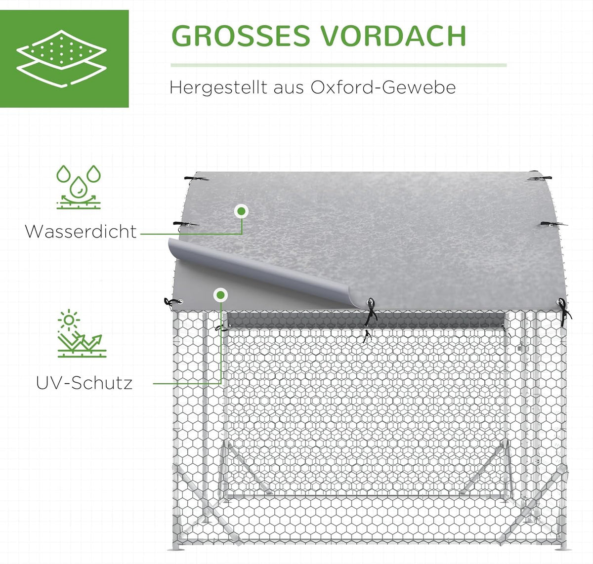 PawHut Chicken Coop Free Run Made of Steel, 280 x 190 x 197 cm, Chicken Coop with UV Resistant Cover, Door Chicken Coop for 4-6 Chickens, Small Animals, Silver