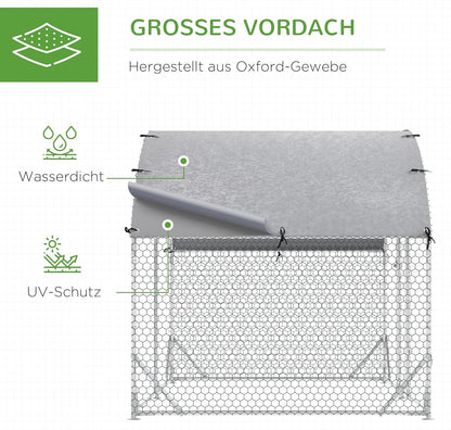 PawHut Chicken Coop Free Run Made of Steel, 280 x 190 x 197 cm, Chicken Coop with UV Resistant Cover, Door Chicken Coop for 4-6 Chickens, Small Animals, Silver