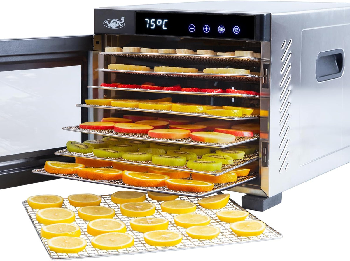 Vita5 Voedseldroger met 7 roestvrijstalen trays - 650W elektrische voedseldroger voor fruit. groenten en vlees - 24-uurs timer en instelbare temperatuur 35-75°C