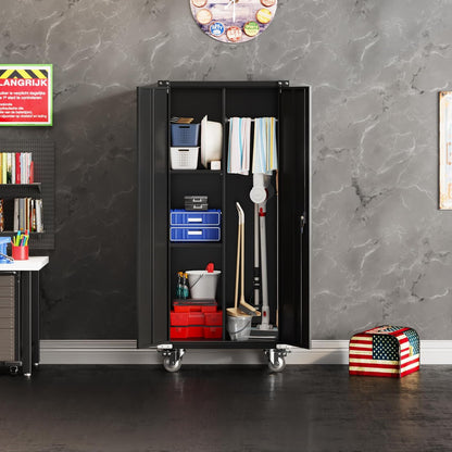 Metal Broom Cabinet, Cleaning Agent Cabinet, Multifunctional Cabinet, Metal Storage Cabinet with Wheels, Broom Cabinet with Hanging Bar, 180 x 80 x 40 cm (Black)