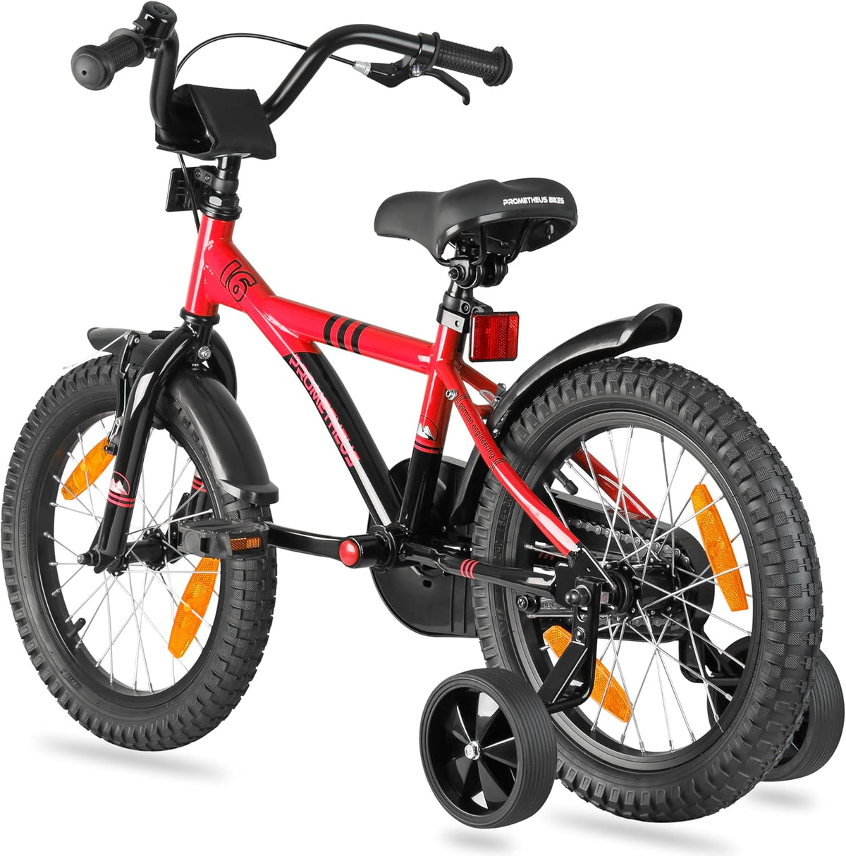 PROMETHEUS BICYCLES Kinderfiets, 16 inch vanaf 5 jaar, kinderfiets, meisjes, jongens, fiets met steunwielen, terugtraprem, in rood/zwart