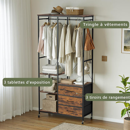 Kledingkast, Kledingrek, Verrijdbaar Kledingrek met Lades, voor Slaapkamer, Open Kledingkast voor Hangende Kleding, Hangrail, Verstelbare Planken, Haakjes, Stalen Frame, Rustiek Bruin