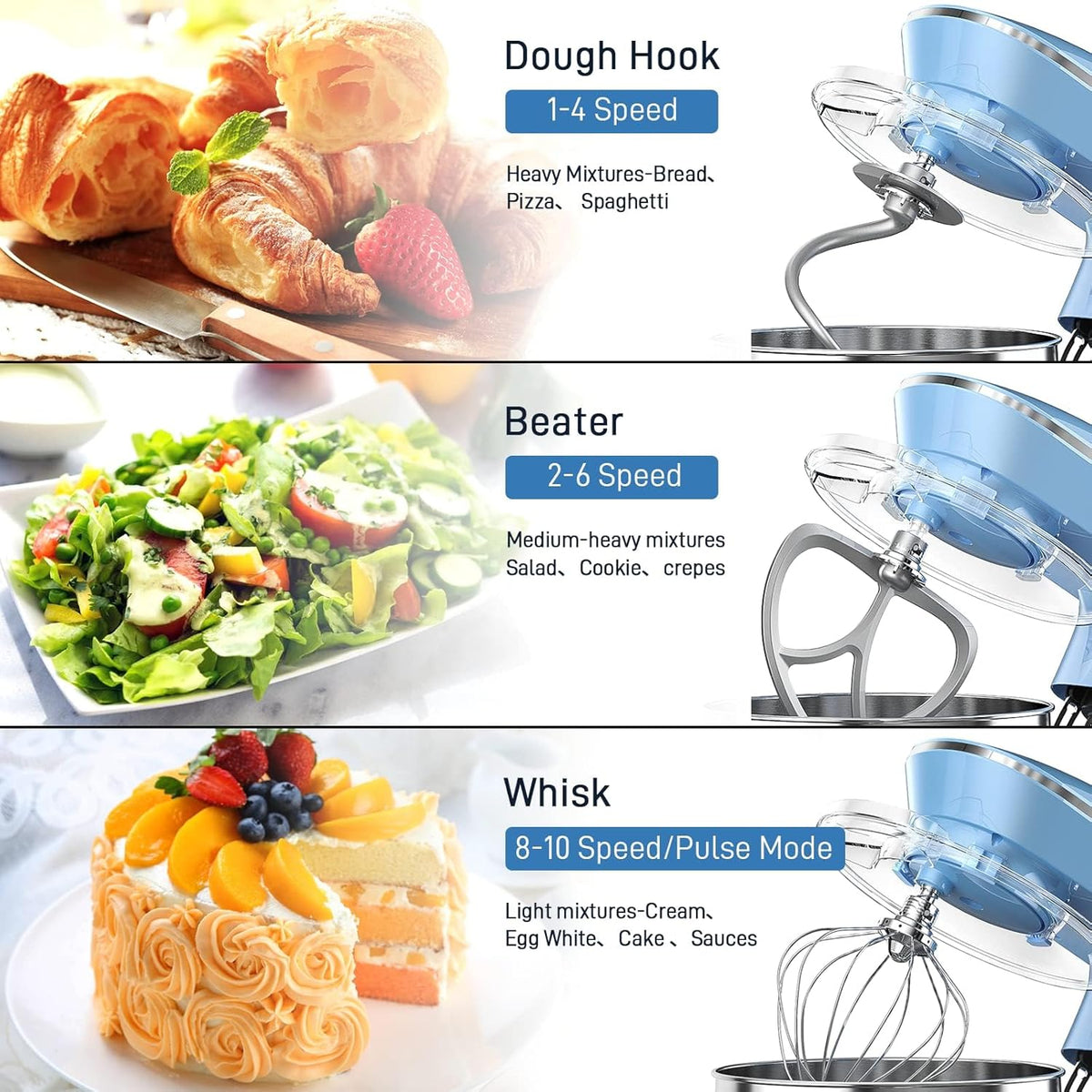 Vezzio Food Processor Kneading Machine, 1500 W, Reduced Sound, Kneading Machine with Mixing Brush, 10 Speeds, 8.5 L, Stainless Steel Bowl, Baking with Kneading Hooks, Whisk, Flat Mixer (Blauw)