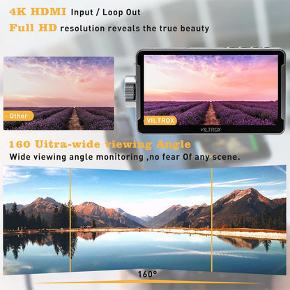 VILTROX DC-550 Pro camera veldmonitor touchscreen 5,5 inch 1200 nits DSLR camera veldmonitor 4K HDMI, Full HD 1920x1080 IPS, 3D LUT met accu, koelventilator en zonnekap, videomonitor