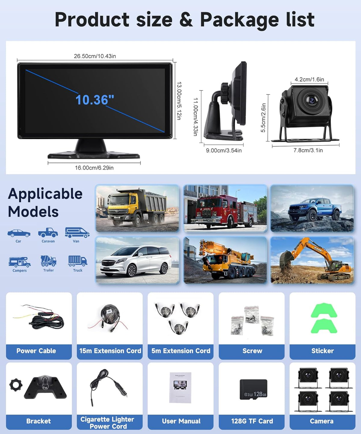 4K achteruitrijcamera 4 camera's set met draadloze Carplay Android Auto, 10,36 inch monitor 4 gesplitste schermen, Bluetooth/FM-zender/Loop Video/WiFi Video/Parkeermonitor voor Truck/Bus/Van/Caravan