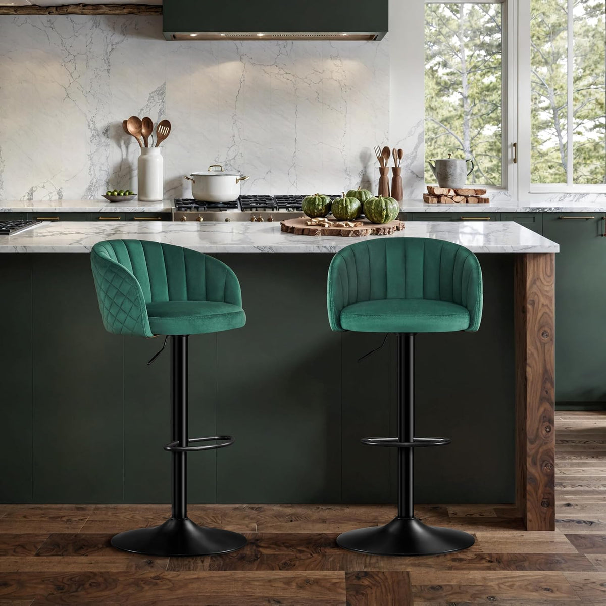 Bar Stool Height Adjustable Set of 2 Bar Stool Milk Velvet Fabric, Bar Chairs with Backrest and Armrest Bar Chair 360° Rotatable, Adjustable Bar Stools, Bar Chair Resilient 150kg-Green - QUORE