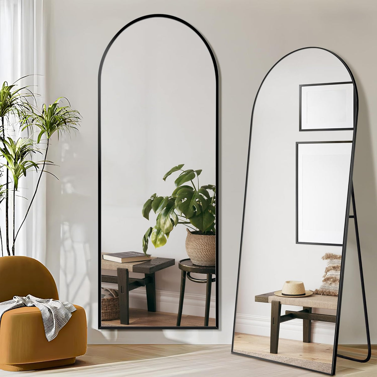 Boogspiegel – Volledige Lengte Spiegel – Vloerspiegel – Staande Spiegel – Wandspiegel – Groot Formaat 161x52 cm – Mat Zwart Frame