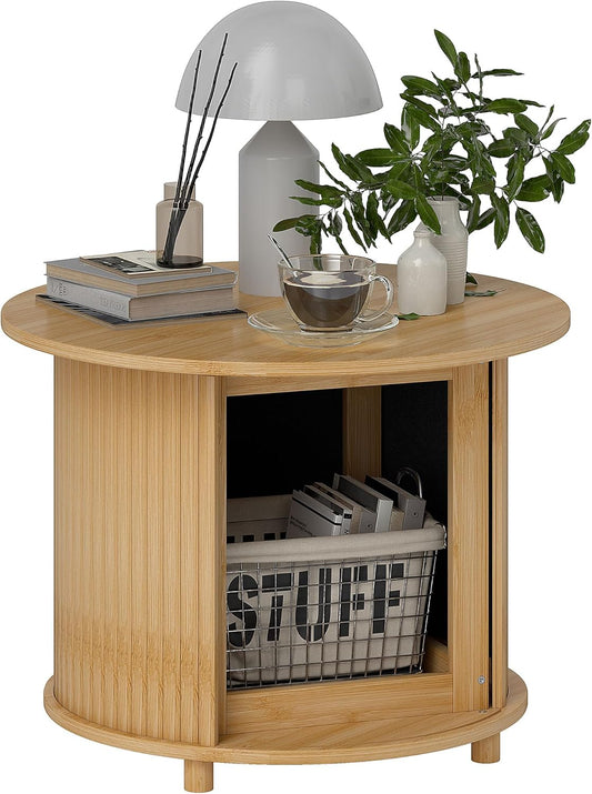 HOMCOM Coffee table, round living room table made of bamboo with hidden storage space and sliding door, round side table in modern style, for living room, nature, diameter 60 x 45 cm - QUORE