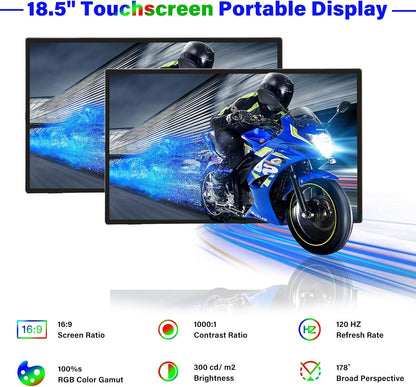 GeeekPi 18,5 inch draagbare monitor, 1920 x 1080 IPS touchscreen, 120 Hz, 1080p touch-display met HDMI USB-C, ingebouwde luidsprekers, standaard VESA voor Xbox PS4/5, laptop, Mac, PC