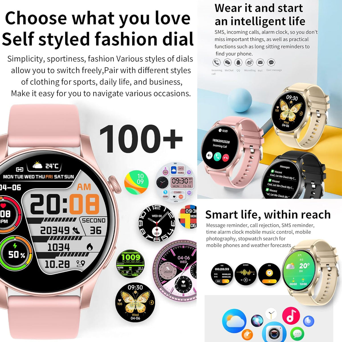 Smartwatch Damen met Bluetooth Bellen, 1,43" AMOLED Touchscreen Slimme Horloge, 5ATM Waterdicht 123 Sporthorloges, SpO2, Hartslagmeter, Slaapmonitor, Fitnesstrackerhorloge voor Android iOS (Roze)