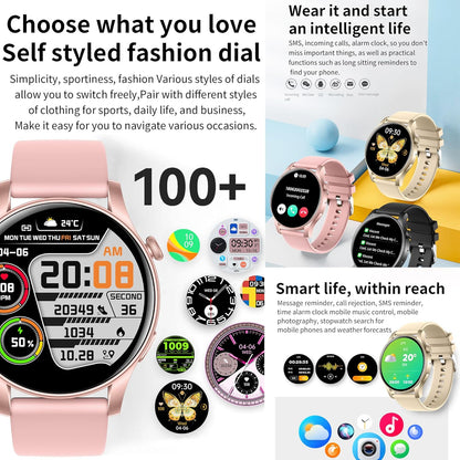 Smartwatch Damen met Bluetooth Bellen, 1,43" AMOLED Touchscreen Slimme Horloge, 5ATM Waterdicht 123 Sporthorloges, SpO2, Hartslagmeter, Slaapmonitor, Fitnesstrackerhorloge voor Android iOS (Roze)