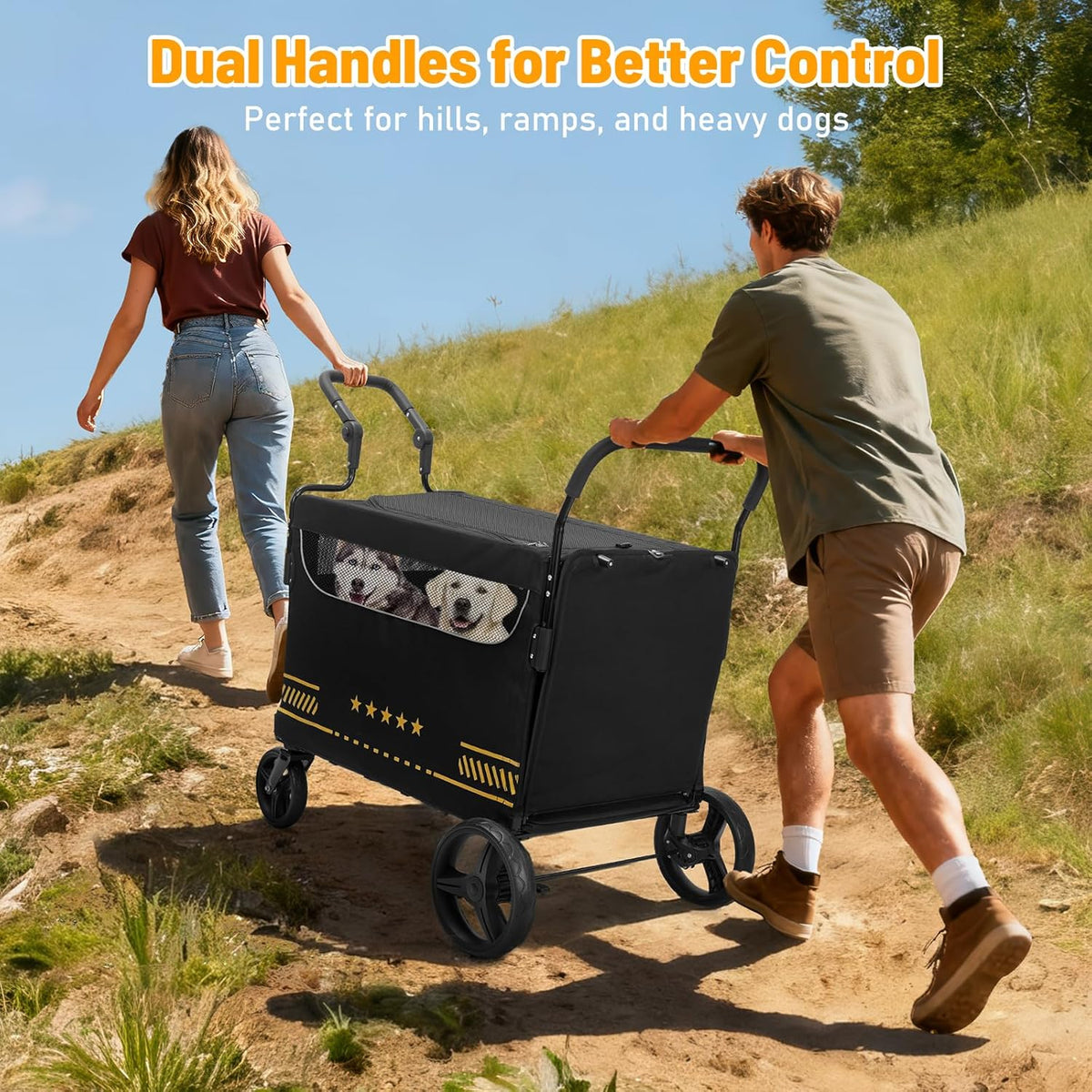 Heavy Duty hondenkinderwagen met opvouwbare helling, gemakkelijke toegang voor oudere of gewonde honden, huisdierbuggy met verstelbare handgrepen, ondersteunt tot 80 kg, zwart