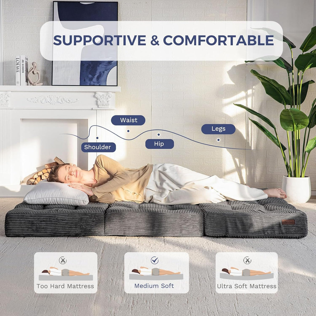 MAXYOYO Opvouwbaar matras, eenpersoons, comfortabel opvouwbaar corduroy matras met 15 cm dik schuim, drievoudig opvouwbare futon slaapbank voor gasten, 90x190cm