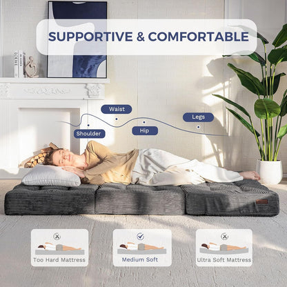 MAXYOYO Opvouwbaar matras, eenpersoons, comfortabel opvouwbaar corduroy matras met 15 cm dik schuim, drievoudig opvouwbare futon slaapbank voor gasten, 90x190cm