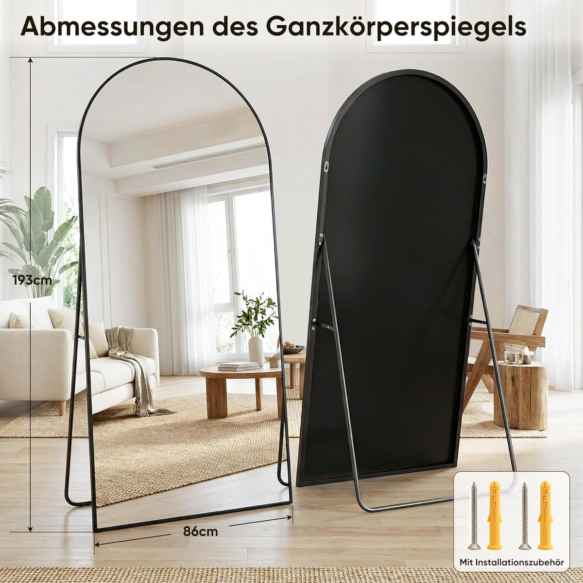 Vloerspiegel – Passpiegel – Staande Spiegel – Wandspiegel – Full-Body Spiegel – 194x87 cm – Aluminium Frame – Onbreekbaar Glas – Zwart – Gebogen Design