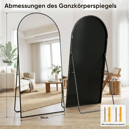 Vloerspiegel – Passpiegel – Staande Spiegel – Wandspiegel – Full-Body Spiegel – 194x87 cm – Aluminium Frame – Onbreekbaar Glas – Zwart – Gebogen Design