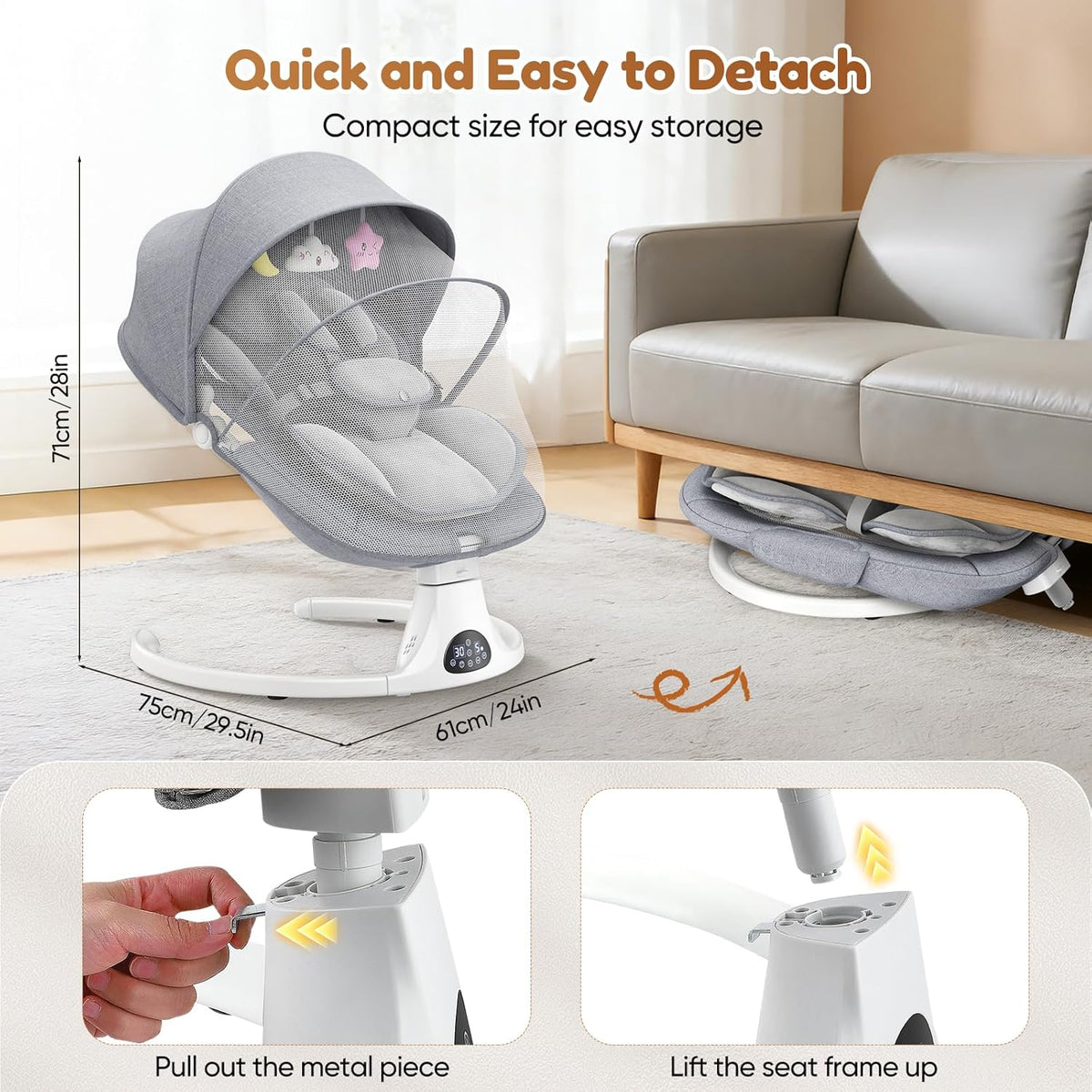 Babyschommel voor baby's tot peuter, elektrische pasgeboren schommel met 5-versnellingen, 3-zitplaatsen, 5-punts karabijnhaak, met Bluetooth-muziek, 10-vooraf ingestelde melodieën, binnen en buiten - QUORE