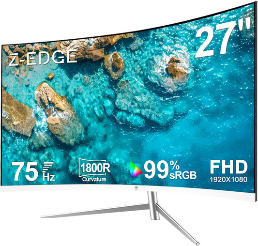 Z-Edge Gaming Monitor Curved 27 inch, 75Hz, FHD 1080P (1920x1080), Monitor Office White with HDMI Cable, 1800R VA Frameless, 178° Viewing Angle From, VGA+HDMI, Adjustable Tilt, Eye-Care Technology