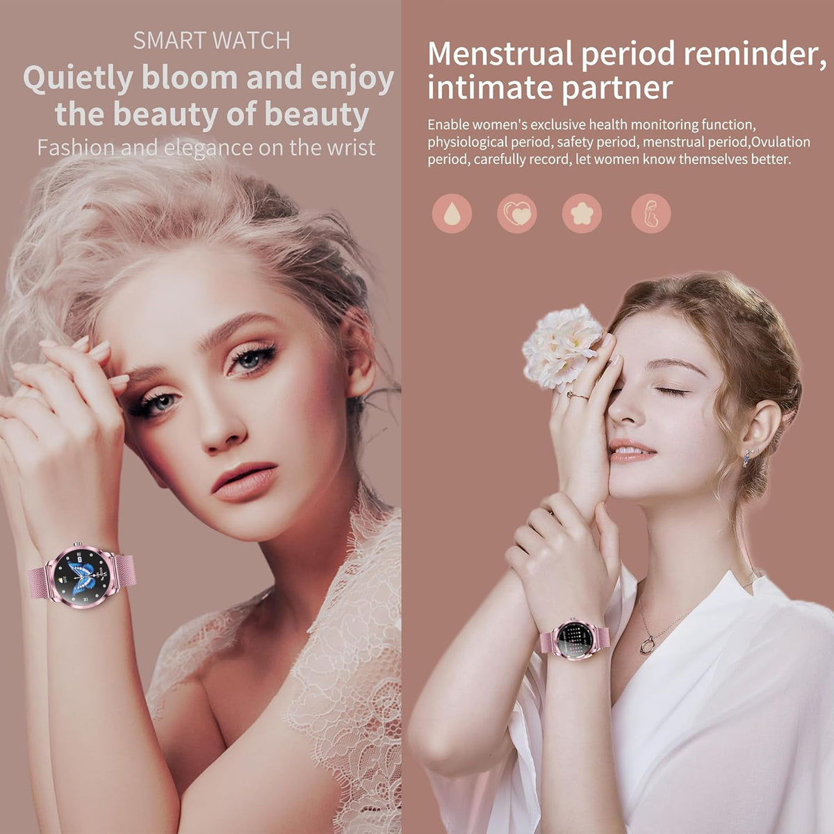 Smartwatch voor Damen met Bluetooth Bellen, 3 Armbanden, 1,09" Slimme Horloge, IP68 Waterdicht Sporthorloges, Hartslagmeter, SpO2, Slaapmonitor, Fitnesstrackerhorloge voor Android/iOS (Roze)
