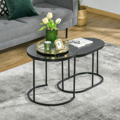 HOMCOM Salontafels, uittrekbaar, van staal en MDF-plaat, marmerlook, ronde en ovale tafel, zwart, 2 stuks