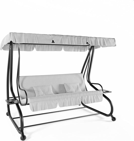 Schommelbank voor 3-zits met zonnedak, verstelbaar dak, gevoerd kussen, robuust frame van gelakt staal, voor tuin, buiten, balkon, terras, 200 x 120 x 160 cm (grijs)