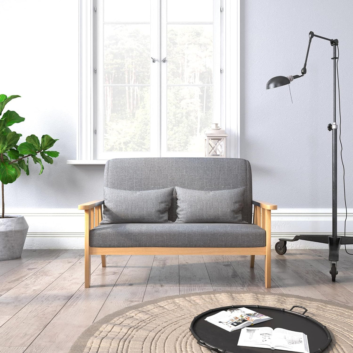 Meerveil Sofa 2 Seater Chair with Cushion, Solid Wood Frame, Linen Vintage Chair for Bedroom, Living Room, Office, 112 x 64 x 73 cm - QUORE