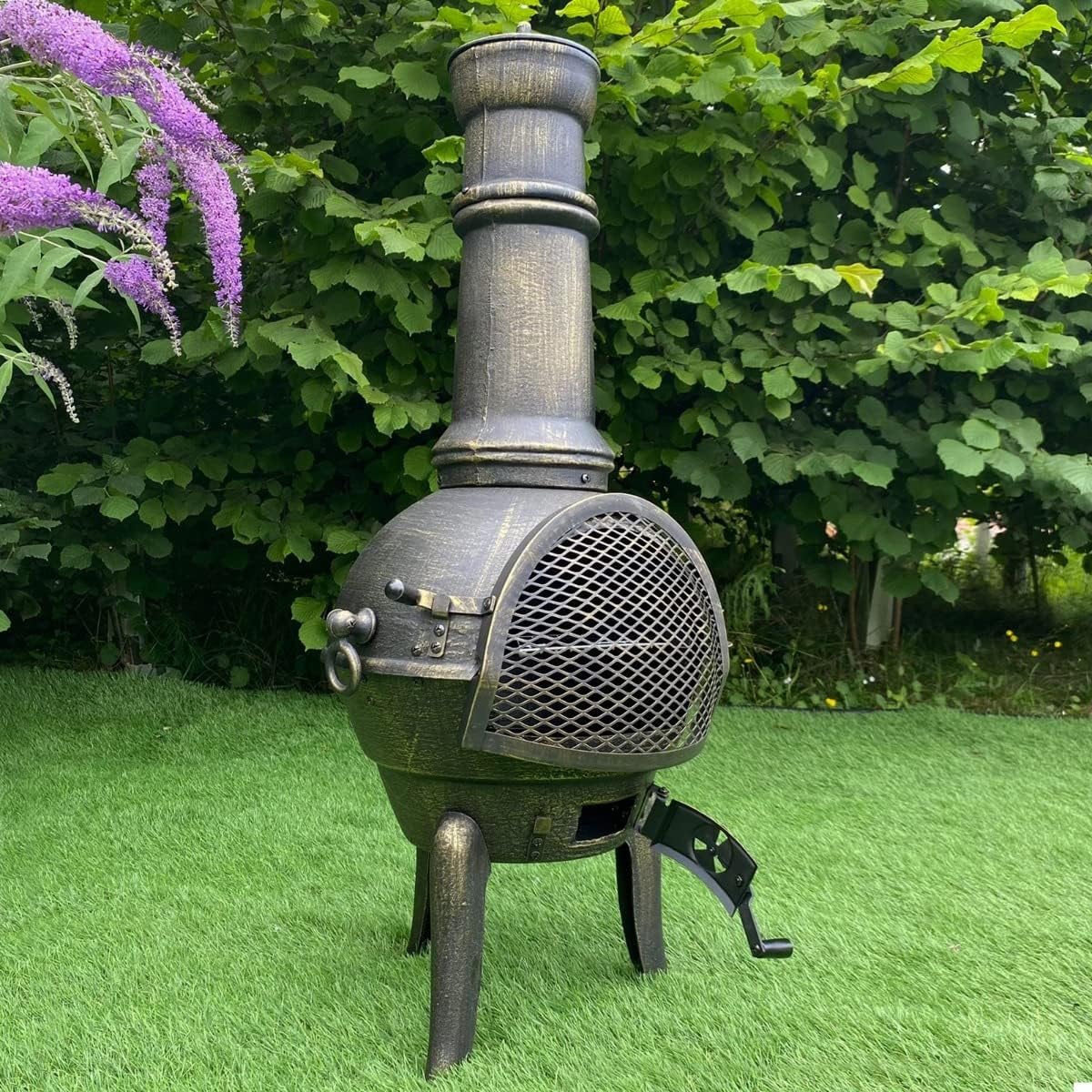 Gietijzeren Chiminea – Tuinhaard – Buitenhaard – Vuurton – Terrasverwarmer – Duurzaam Gietijzer – Inclusief BBQ Rek & Union Jack Bunting