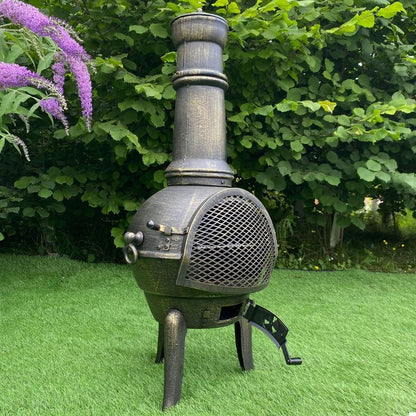 Gietijzeren Chiminea – Tuinhaard – Buitenhaard – Vuurton – Terrasverwarmer – Duurzaam Gietijzer – Inclusief BBQ Rek & Union Jack Bunting