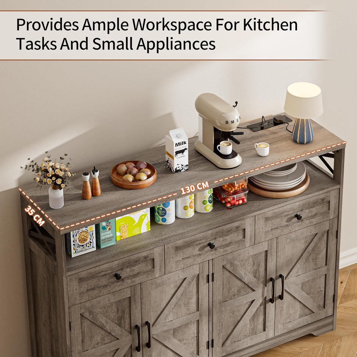 Sideboard, keukenkast met laden, opbergkast, dressoir met open plank, koffiebarkast voor keuken, eetkamer, woonkamer, 130 x 35 x 95 cm, grijs in houtlook