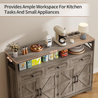 Sideboard, keukenkast met laden, opbergkast, dressoir met open plank, koffiebarkast voor keuken, eetkamer, woonkamer, 130 x 35 x 95 cm, grijs in houtlook