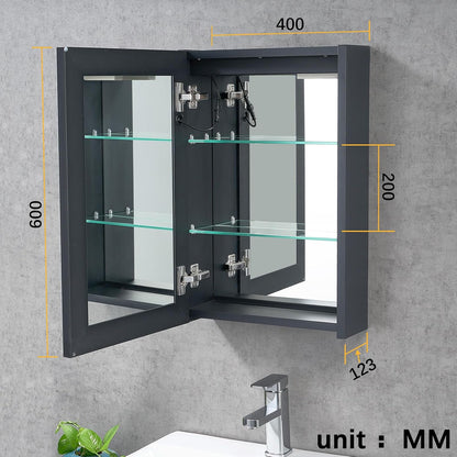 T&K LED-badkamerspiegelkast met verlichting en ontneveling, 40 x 60 cm, met glazen plank, stopcontacten en USB's, wandgemonteerde aluminium framewerk, badkamerspiegelkast