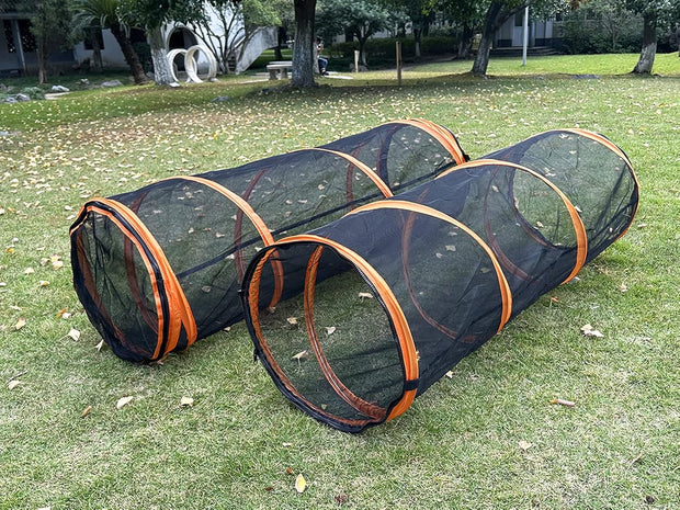 2-in-1 Kattentent - Kattenverblijf - Kattentunnel - Opvouwbaar - Draagbare Catiotunnel - met Koepeltent - 2 Tunnelen - voor Katten - Konijnen - Andere Dieren - Nylon - Zwart/Oranje