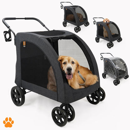 hondenwagen Chester - hondenbuggy voor grote honden, kattenbuggy, ruim, comfortabel trolley, opvouwbaar, incl. regenhoes, drinkbushouder, max. belasting 50 kg, kleur grijs
