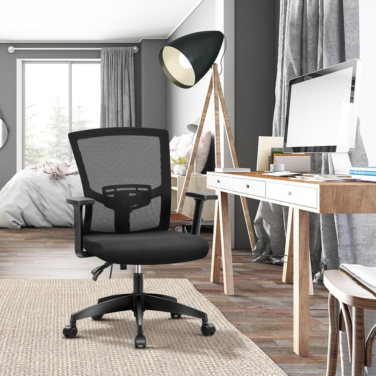 ALPHA HOME Office Chair, Ergonomic Height Adjustable Swivel Chair, Computer Office Chair with Adjustable Lumbar Support, Armrest, Tilt Function, Up to 160 kg Load Capacity