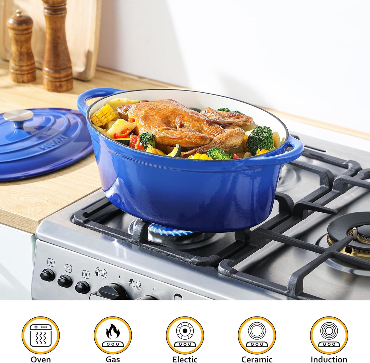 Velaze Cast Iron Casserole with Lid, 34 cm Oval Enamel Pan, 7 L Bread Baking Mould, All Heat Source Stewpan, Blue - QUORE