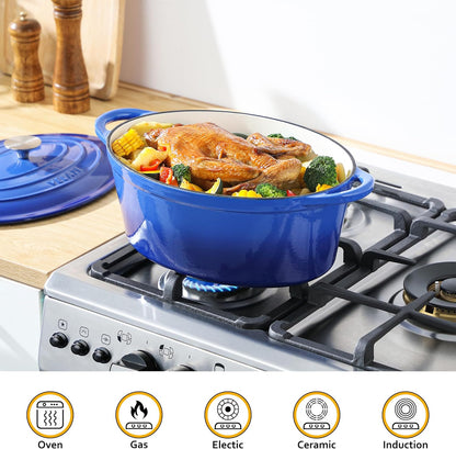 Velaze Cast Iron Casserole with Lid, 34 cm Oval Enamel Pan, 7 L Bread Baking Mould, All Heat Source Stewpan, Blue - QUORE