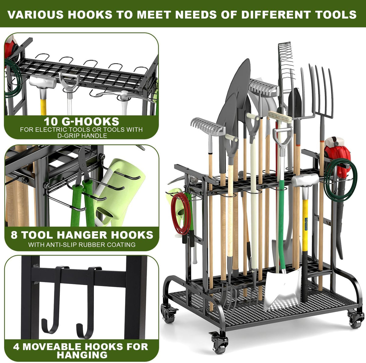 tonchean Opbergorganizer voor tuingereedschap, 360 ° draaibare tuingereedschap, torenrek, trolley met wielen, 3-laags gereedschapshouder, standaard, plank voor garage, tuin, gazon, werkplaats