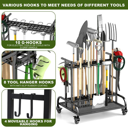 tonchean Opbergorganizer voor tuingereedschap, 360 ° draaibare tuingereedschap, torenrek, trolley met wielen, 3-laags gereedschapshouder, standaard, plank voor garage, tuin, gazon, werkplaats