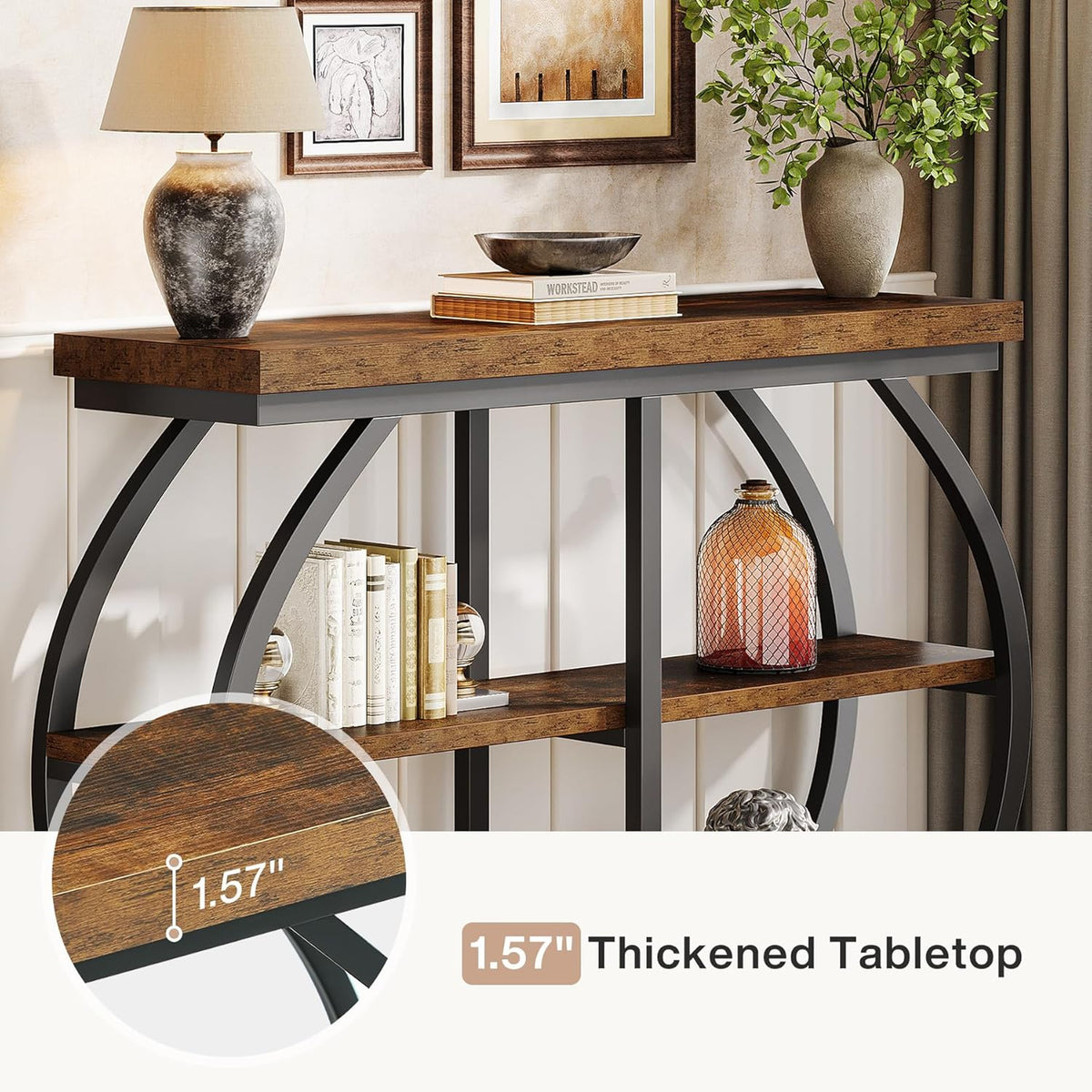 Tribesigns Consoletafel, 104 cm, industriële entreetafel met 3 verdiepingen met gebogen metalen frame en opbergplanken voor woonkamer, hal, rustieke koffie