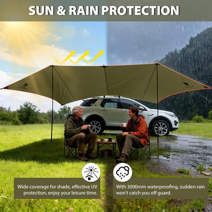 GEERTOP 3,5 x 5,8 m Automarkise Zonnescherm, Waterdicht 3000 mm Grote voortent auto met 2 stangen, Waterafstotend Zonnedak voor autocamping, SUV, MPV, Camper