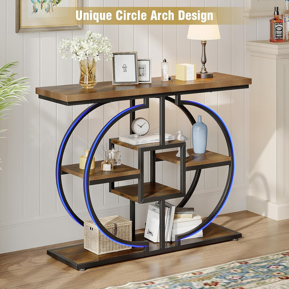 Trironsun Smalle consoletafel voor hal, 4 verdiepingen, rustieke salontafel met rond metalen frame, industriële entreetafel van hout met opbergvakken voor woonkamer en hal - QUORE