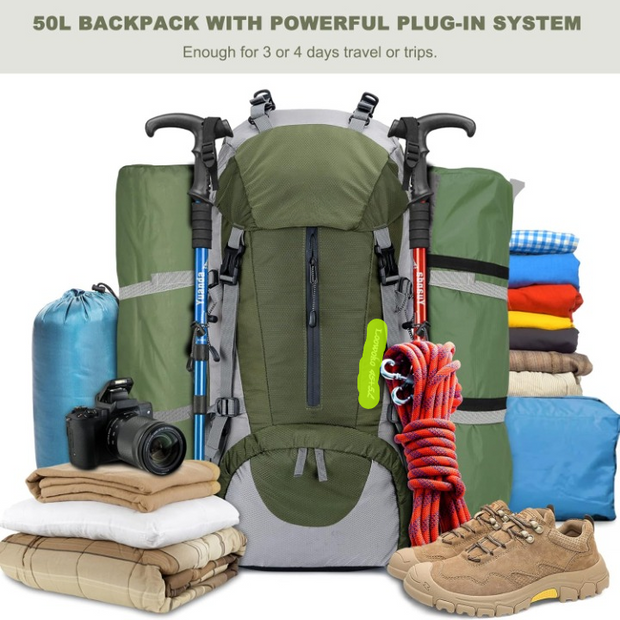 Wandelrugzak - Kampeertas - Trekking rugzak - Camping Essentials Tas - met Regenhoes 50L - Lichtgewicht - Waterdichte - 8 Verstelbare Riemen - Nylon - Groen