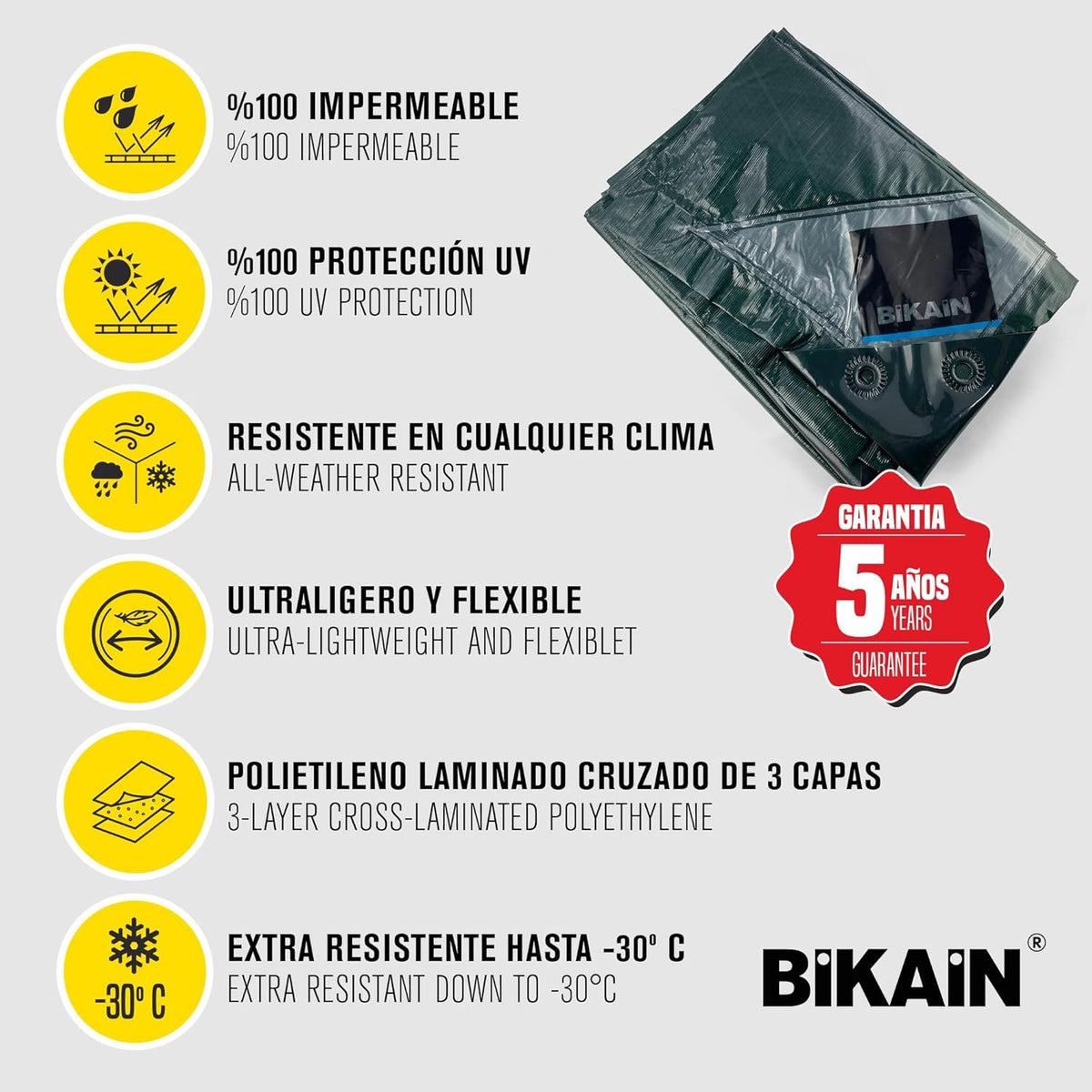 Bikain Waterdicht afdekzeil voor buiten, 8 x 12 m, 150 g/m², versterkt, scheurvaste ogen, zonnezeil, 100% waterdicht en 100% uv-bescherming, multifunctionele afdekking, 3-laags, kruislaminaat