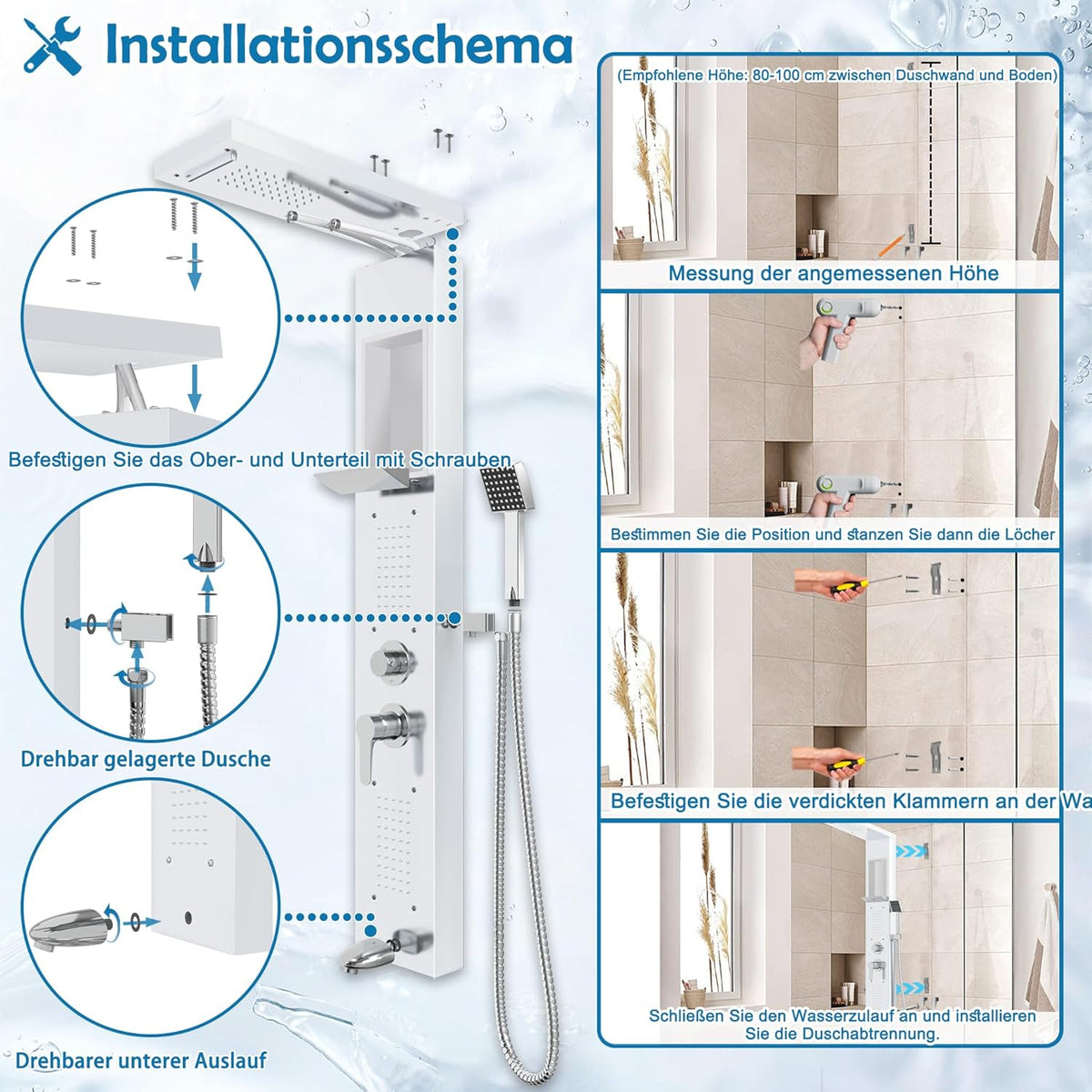 Douchepaneel – Douchesysteem – Douche Set – Douchekolom – Regendouche – Roestvrij Staal 304 – 4 Straalsoorten & Anti-Kalk Nozzles – Wit