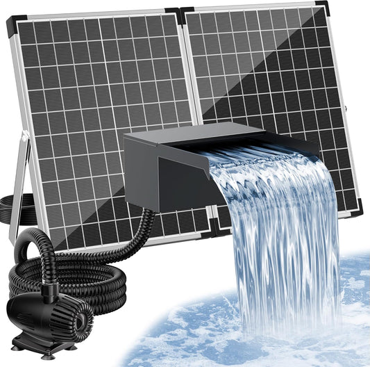 POPOSOAP Watervalvijver, 55 W zonne-waterval met vijverpomp 2000 l/u, 20 cm brede roestvrijstalen watervalbox, 3,0 m golfbuis, gebruiksklaar voor tuinvijverwaterfuncties buiten