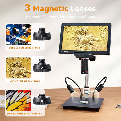 Elikliv 4K Digitale Microscoop TL301: 3-Lens Magnetische Muntmicroscoop met 7" IPS-Scherm, Zijverlichting, 10" Standaard, PC/TV-Compatibel, 64GB