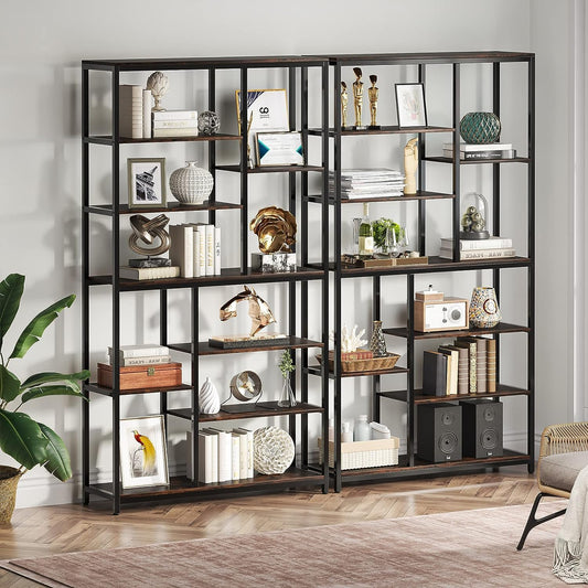 Tribesigns Bookcase Set of 2 Standing Shelves with 8 Levels, 9 Shelves, Modern Freestanding Open Bookcase, for Living Room, Office, Bedroom, 30 x 100 x 200 cm, Rustic Brown